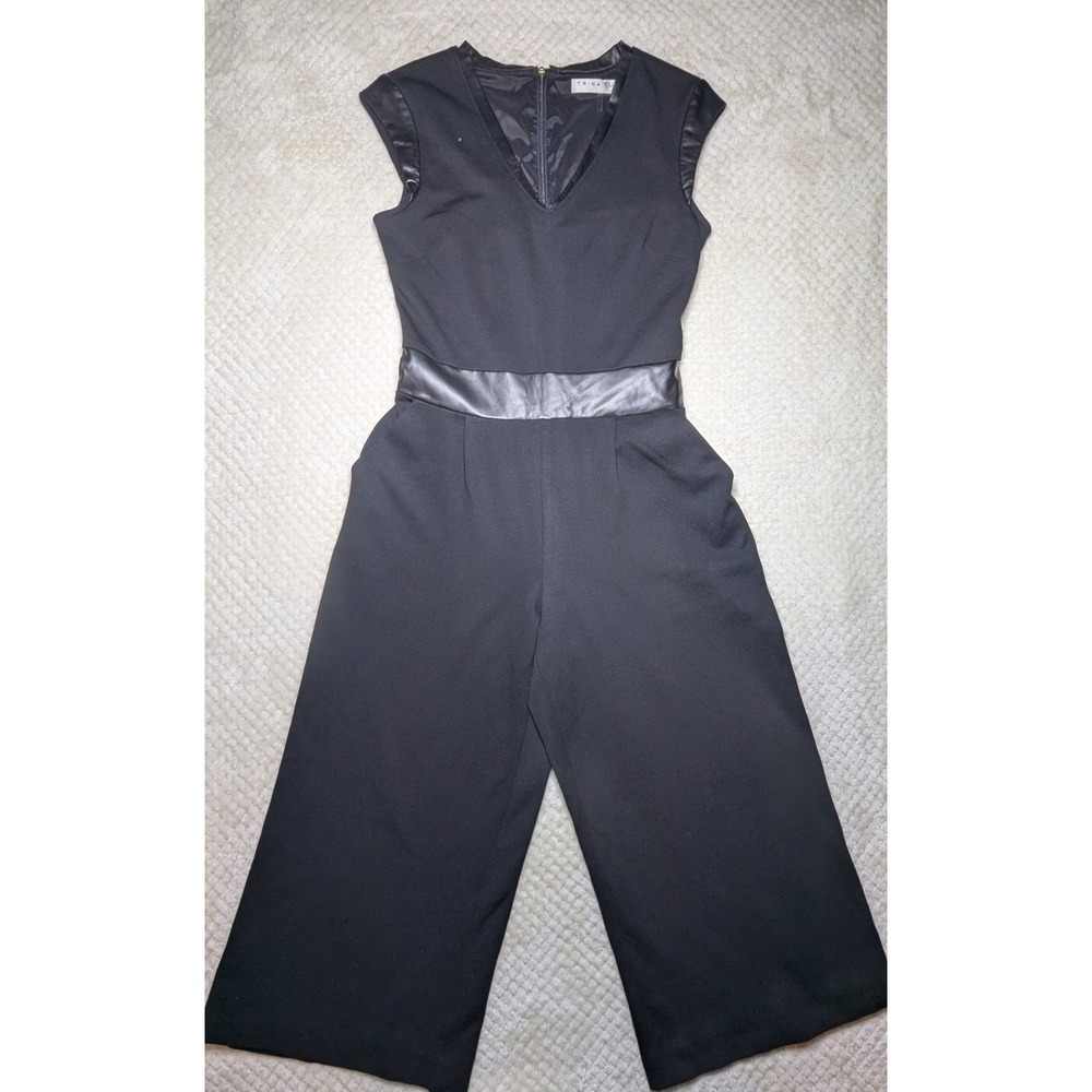 Trina Turk Black Faux‎ Leather Trim Wide Leg Culotte Jumpsuit Size 2